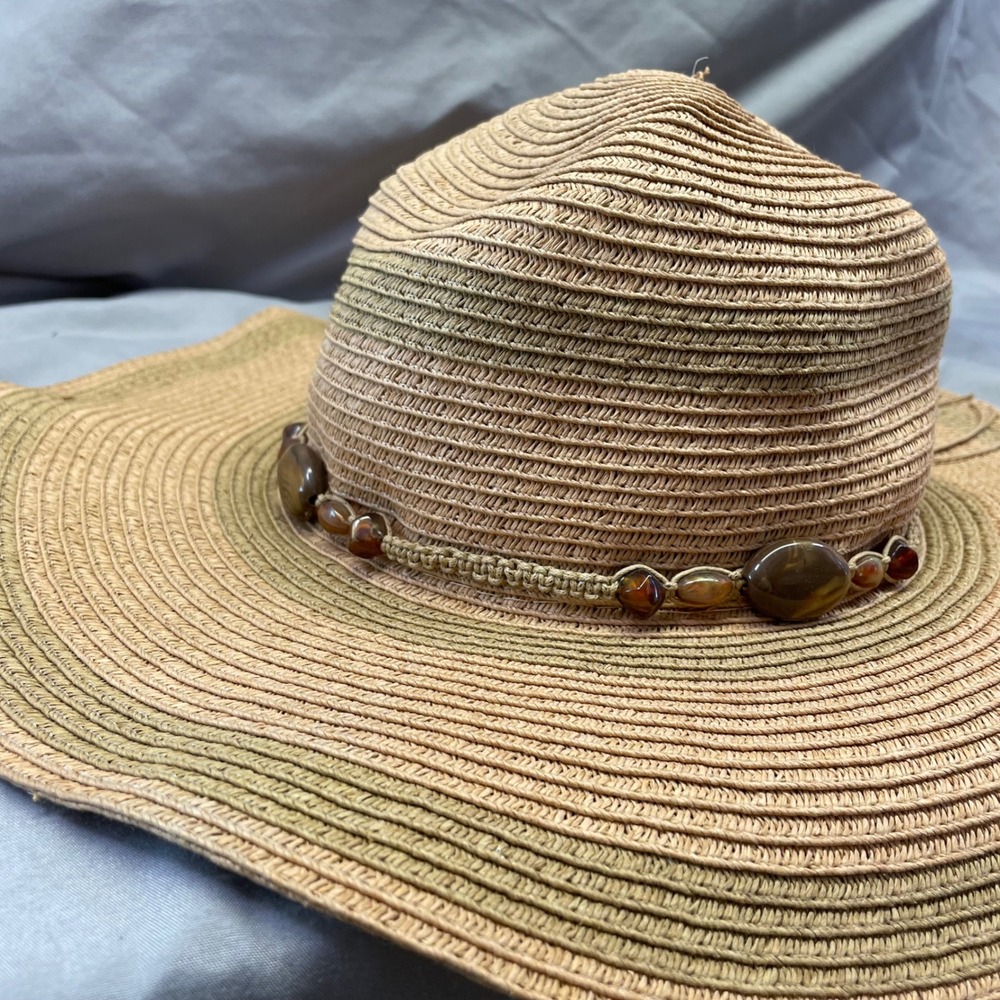 Woven Straw Sun Hat Wide Floppy Brim Beaded Band Tan Green Boho Summer Beach